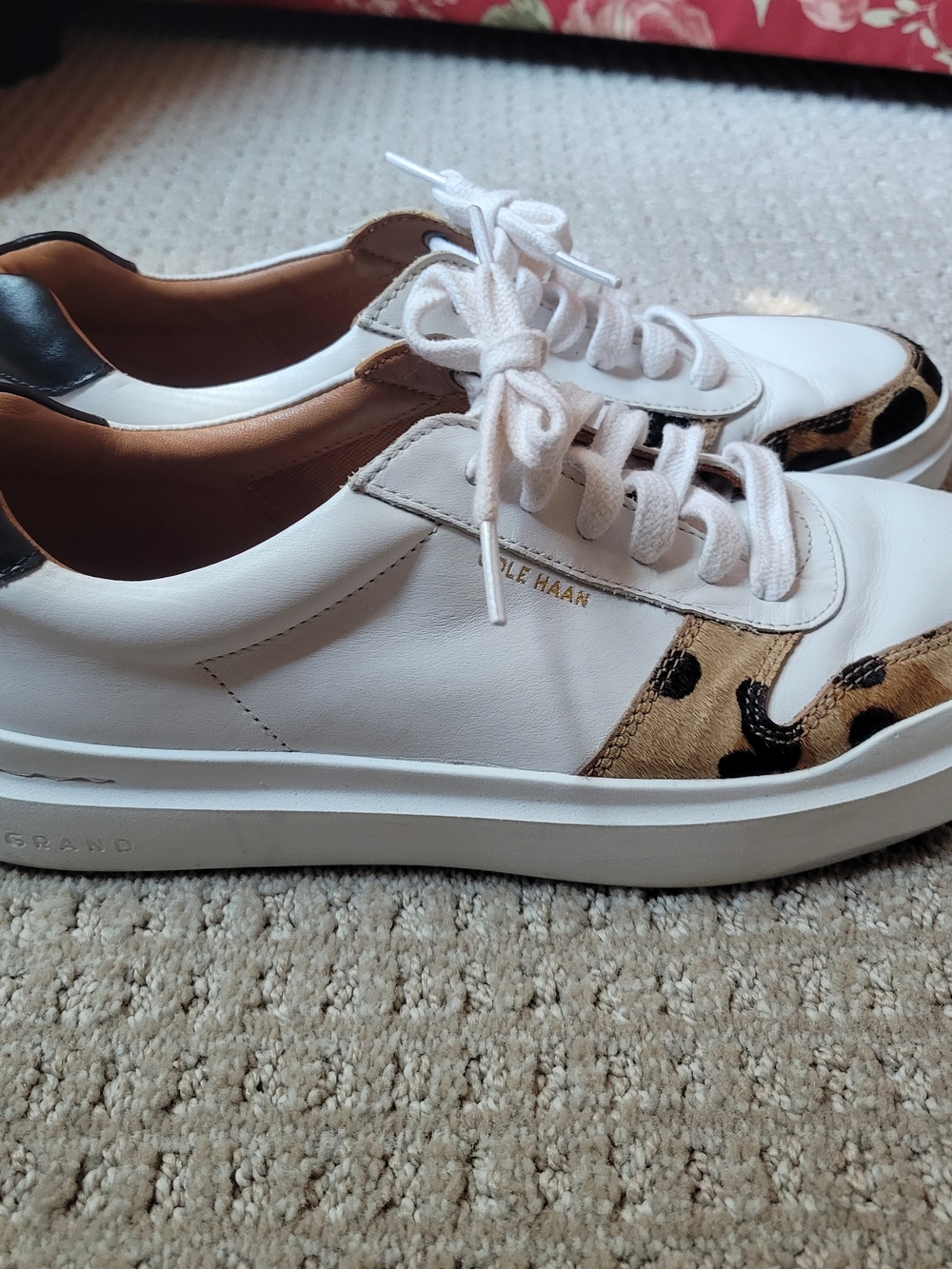 Cole Haan White Leather Sneakers with Leopard Accent